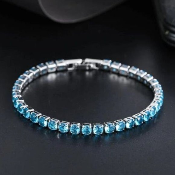 Mens 1ct Blue Aquamarine Tennis Bracelet 925 Sterling Silver